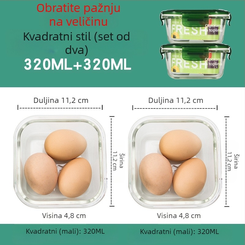 Set od 2 staklenih posuda za ručak, za mikrovalnu, s podijeljenim odjeljcima i poklopom, hermetički zatvoren, otporno na toplinu, borosilikatno staklo
