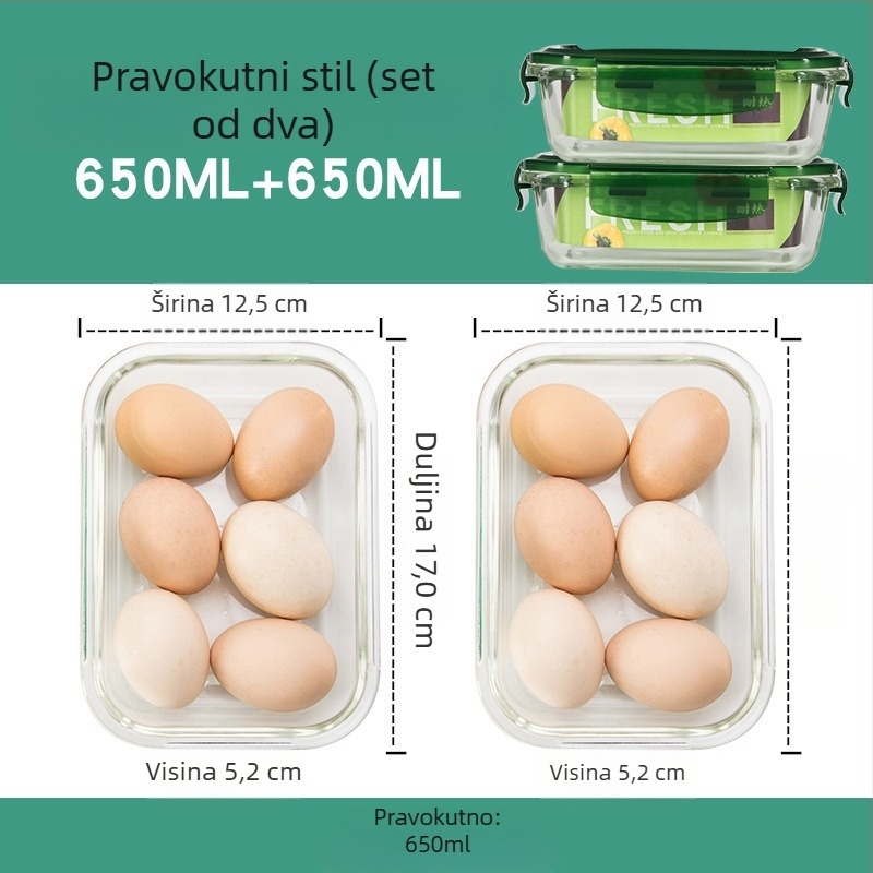 Set od 2 staklenih posuda za ručak, za mikrovalnu, s podijeljenim odjeljcima i poklopom, hermetički zatvoren, otporno na toplinu, borosilikatno staklo