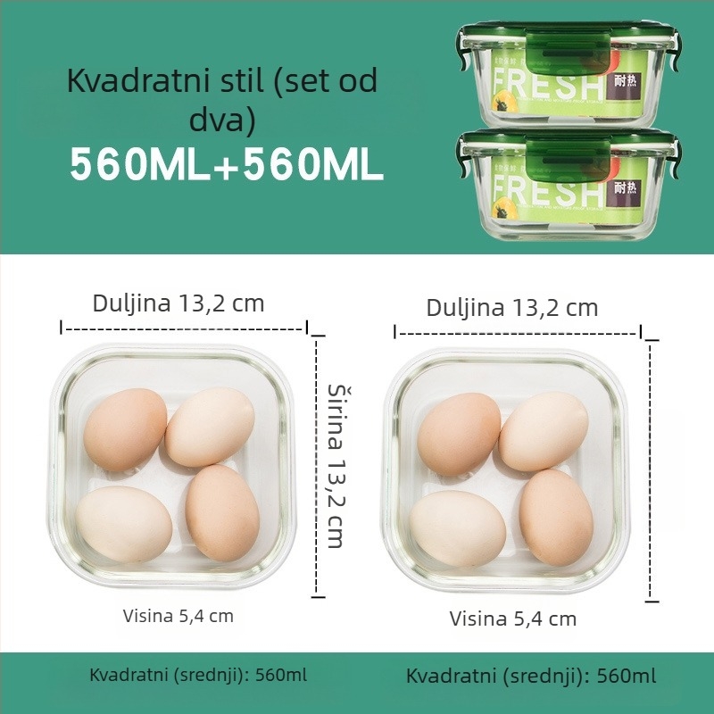 Set od 2 staklenih posuda za ručak, za mikrovalnu, s podijeljenim odjeljcima i poklopom, hermetički zatvoren, otporno na toplinu, borosilikatno staklo