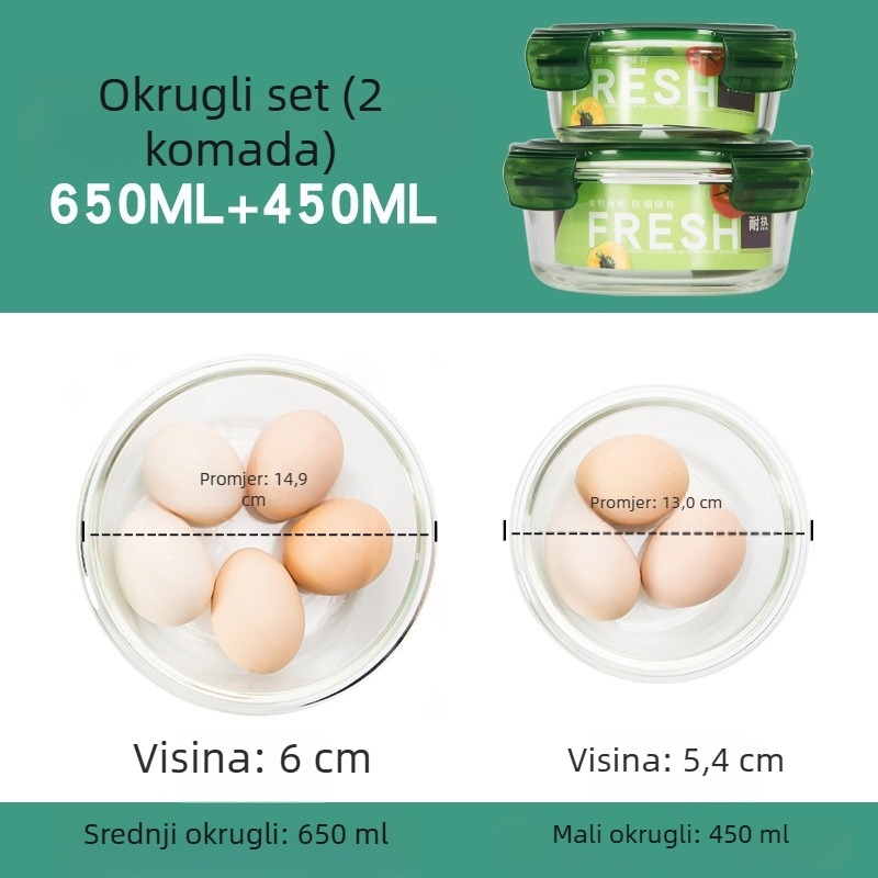 Set od 2 staklenih posuda za ručak, za mikrovalnu, s podijeljenim odjeljcima i poklopom, hermetički zatvoren, otporno na toplinu, borosilikatno staklo