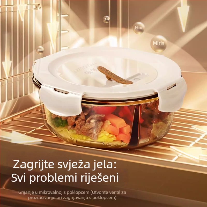 Kružna staklena kutija za ručak, pogodna za mikrovalnu pećnicu, za studente i uredske djelatnike, četiri odjeljka za obrok i juhu, čuva svježinu
