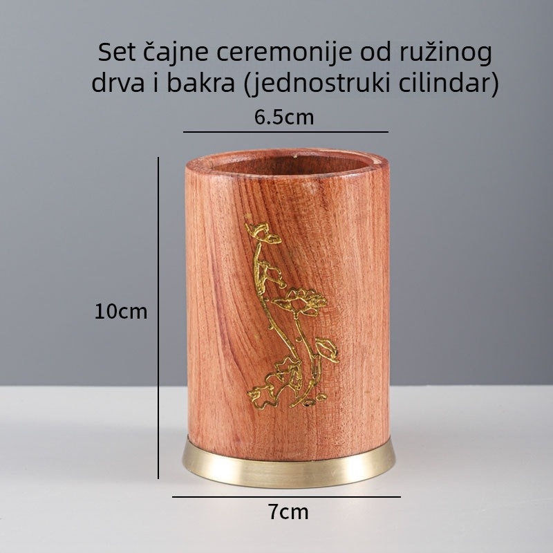 Set šest čajnih alata za kung fu čajnu ceremoniju — drvena šalica, čajna vilica, čajni nož, klip za čaj, čajna žlica i pero za njegu čajnika