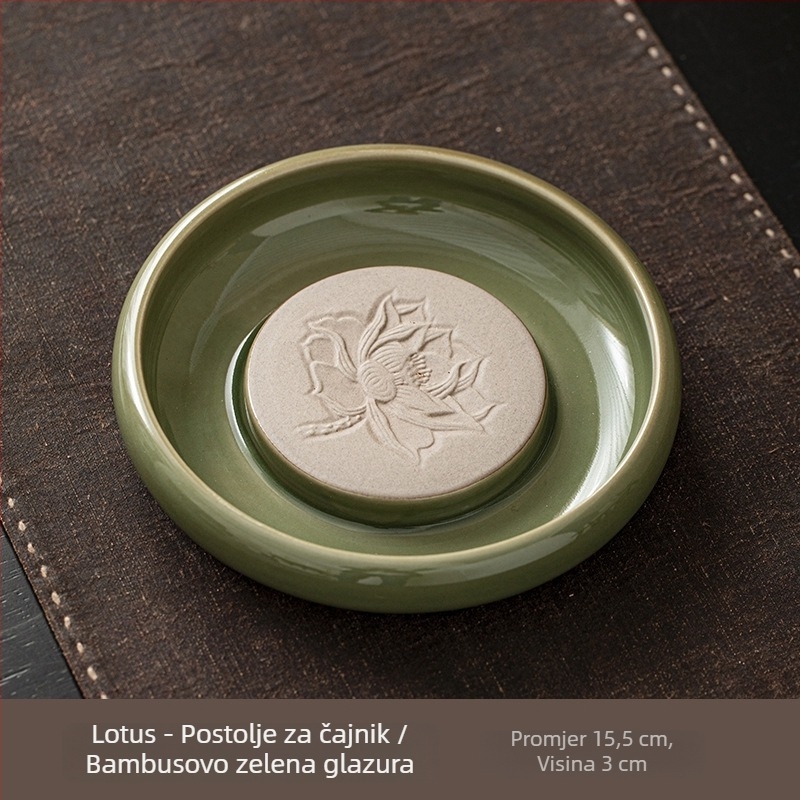Keramički set dodataka za čajnu ceremoniju u zen stilu, inspiriran wabi-sabi: podmetač za čajnik, pladanj za čaj, spremnik za pohranu vode i pločica za suho namakanje