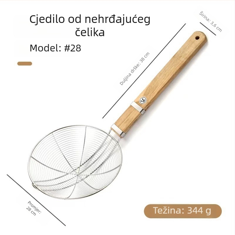 Nehrđajući čelično mrežasto sito s dugim držalom, veliko cjedilo za tjesteninu, drvena ručka