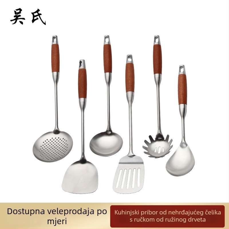 Set kuhinjskih alata od nehrđajućeg čelika s ručkama od rosewood — špatula, žlica za juhu, žlica s otvorima, sitna žlica
