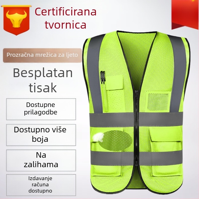 Ljetna prozračna mrežasta vesta s višestrukim džepovima, fluorescirajućom bojom i reflektirajućim elementima, za gradnju, vožnju biciklom i vrt
