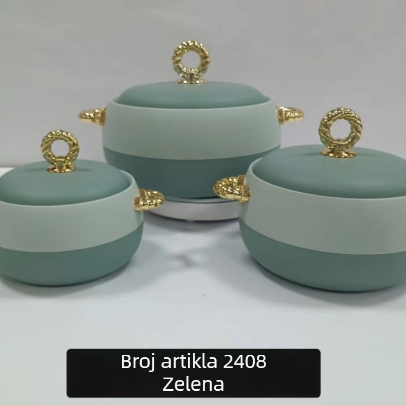Set termički izoliranih kutija za hranu od nehrđajućeg čelika, 3 komada: 1 L, 2 L, 3,5 L, zlatna ručka, model 2408