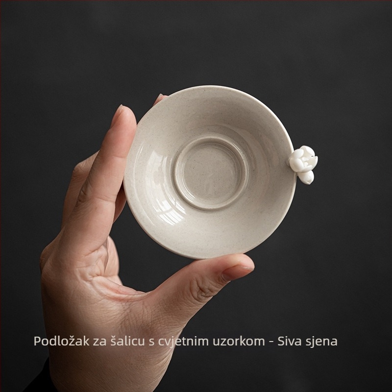 Vintage Gongfu set čaja: ručno izrađena porculanska šalica s cvjetnim motivom, glavna šalica i mala zdjela za čaj, siva glazura