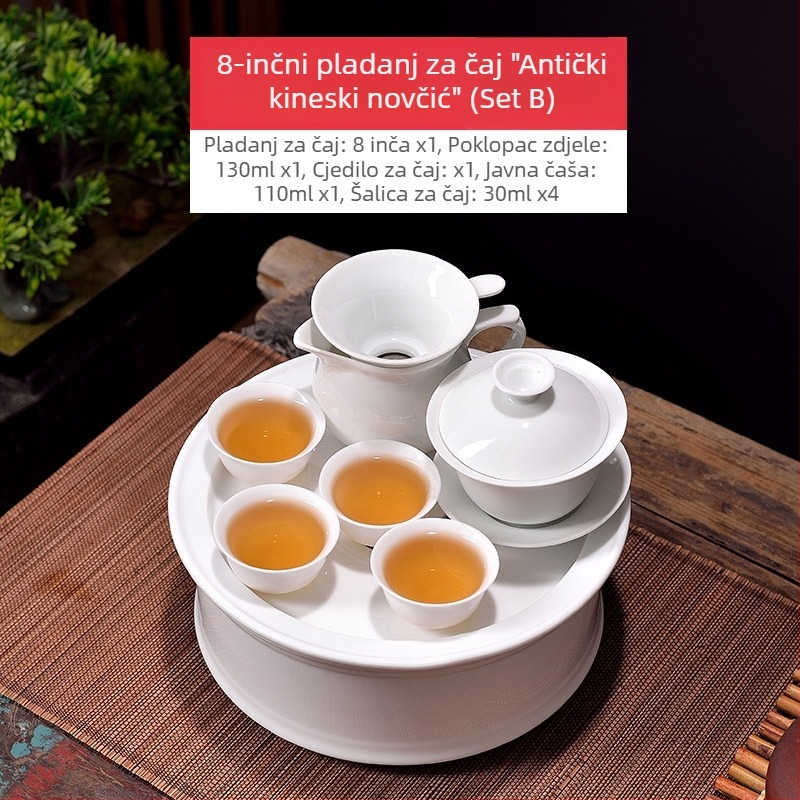 Chaoshan Gongfu čajni set za ured i dom – bijeli porcelanski čajnik, šalice i pladanj za čaj, za 6 osoba