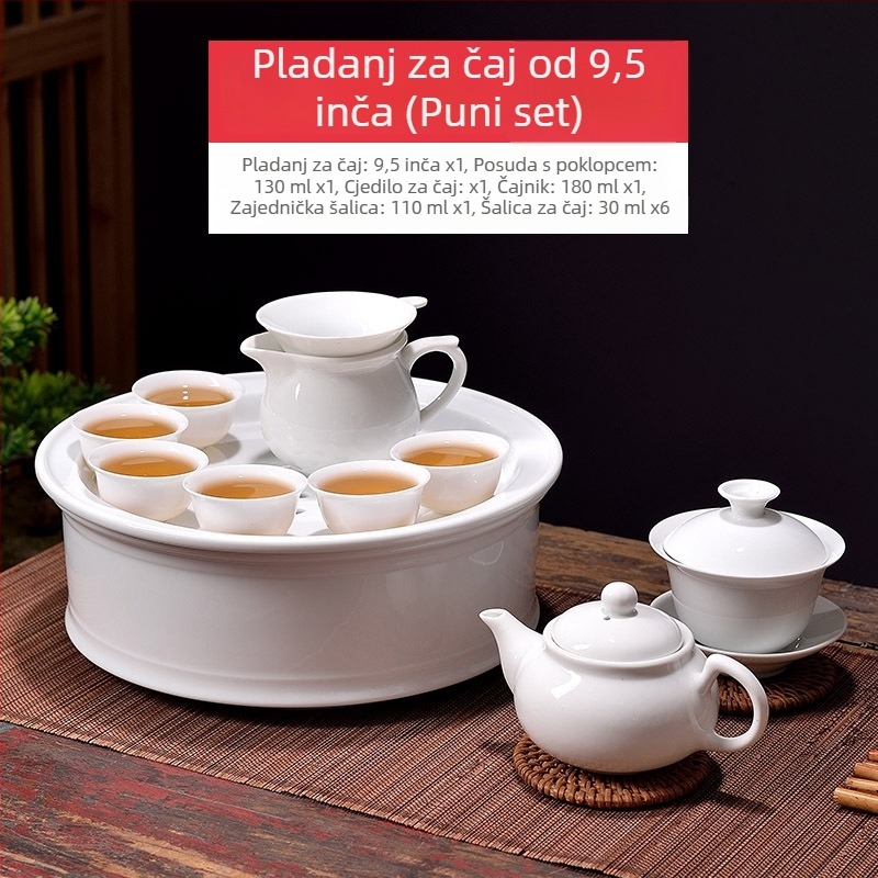 Chaoshan Gongfu čajni set za ured i dom – bijeli porcelanski čajnik, šalice i pladanj za čaj, za 6 osoba