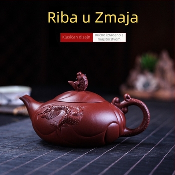 Čajnik od purpurne pijesčne glinene s motivom ribe i zmaja, potpuno isklesan, originalna mineralna glina, polu ručna izrada