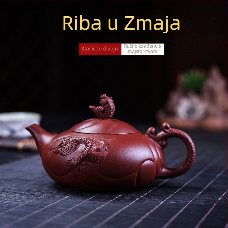 Čajnik od purpurne pijesčne glinene s motivom ribe i zmaja, potpuno isklesan, originalna mineralna glina, polu ručna izrada