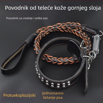 Povodac za srednje i velike pse od teleće kože – za Zlatnog retrivera i Njemačkog ovčara, otporan na eksplozije, šetnja povodac i ogrlica