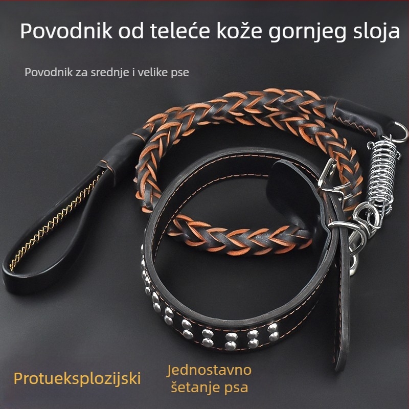 Povodac za srednje i velike pse od teleće kože – za Zlatnog retrivera i Njemačkog ovčara, otporan na eksplozije, šetnja povodac i ogrlica