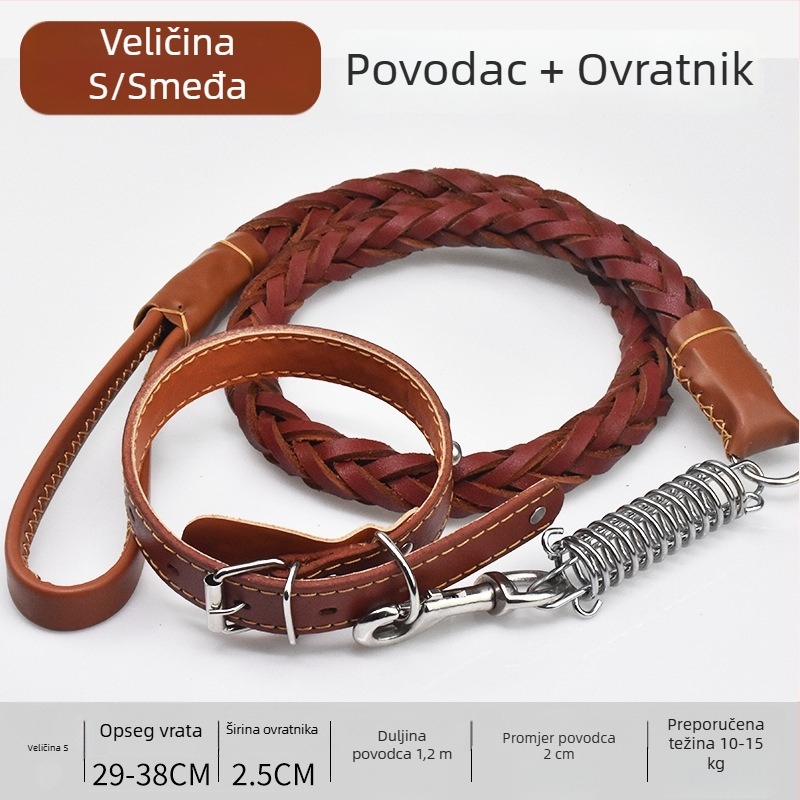 Povodac za srednje i velike pse od teleće kože – za Zlatnog retrivera i Njemačkog ovčara, otporan na eksplozije, šetnja povodac i ogrlica