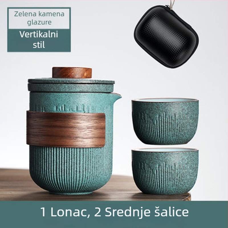 Prijenosni Kung Fu čajni set s glazurom Bluestone, s jednim čajnikom i dvije ili četiri šalice, jednostavan dizajn, torba za nošenje