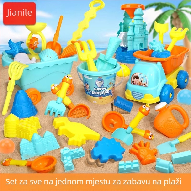 Set dječjih plažnih igračaka: lopatice za pijesak, kante, alati i pješčani sat za igru u pijesku