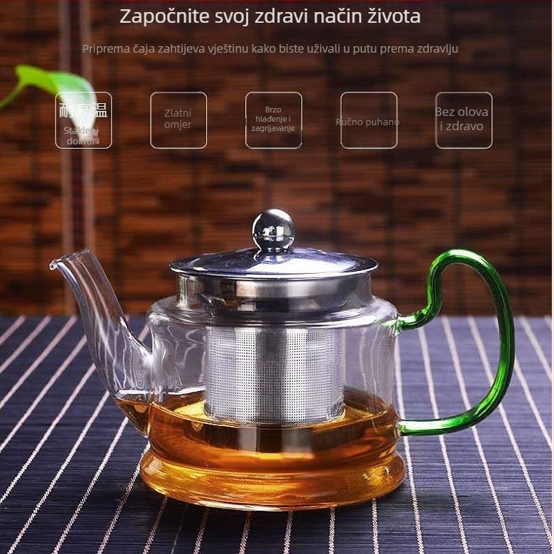 Dvostruka čajnik od borosilikatnog stakla, otporan na visoke temperature, filtr od nehrđajućeg čelika, grijanje na električnoj keramičkoj ploči, moderni minimalistički stil