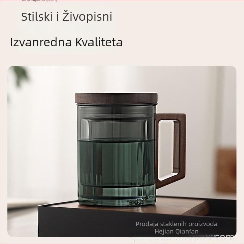 Šalica za čaj s drškom od drveta od borosilikatnog stakla, trodijelni set za odvajanje i filtriranje čaja, velik kapacitet, otporna na toplinu