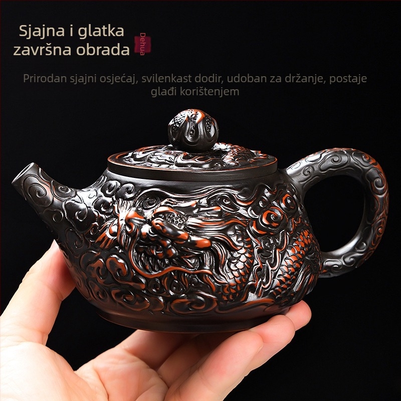 Čajnik od ljubičaste gline s dvostrukim zmajevima koji se igraju s perlom, ručno rezbaren visokokvalitetni Gongfu set za čaj s čajnikom i šalicama, kineski stil za kućnu upotrebu