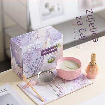Keramički set zdjela za matcha s reljefnim dizajnom cvijeta trešnje, 7 komada, s izljevom, u šarenoj kutiji