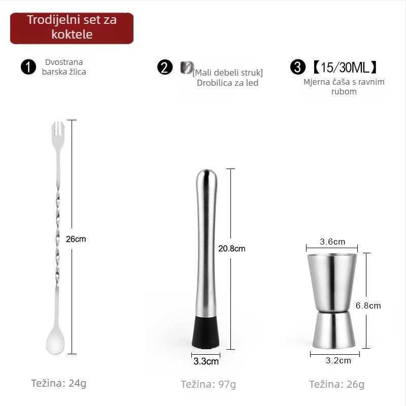 Premium set alata za koktele od nehrđajućeg čelika: muddler za limun, drobilica leda, miješačka žlica, mjernu čašicu i izlijevač vina; dostupno u setovima od 2, 3, 5, 8 ili 9 komada