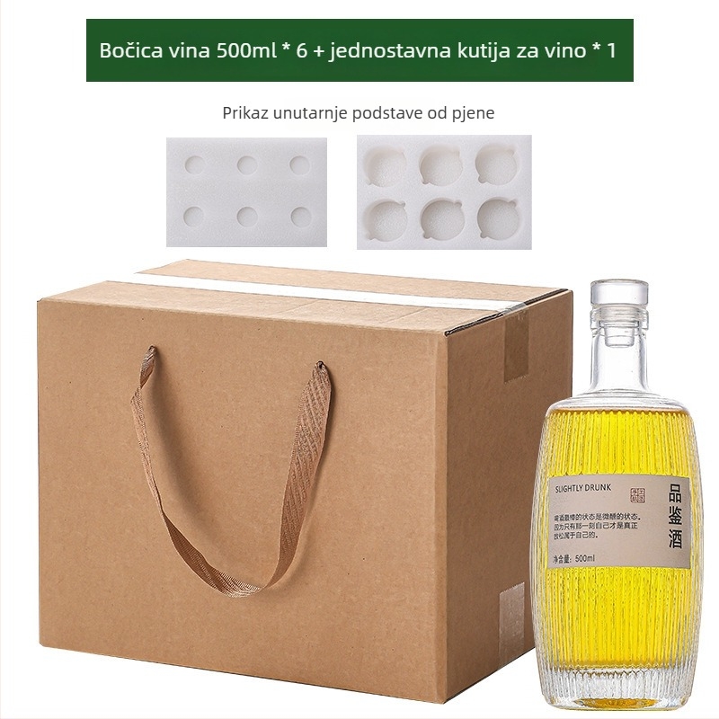 Prilagođena staklena boca za alkohol sa uspravnim vertikalnim prugama, drveno burad, 500 ml