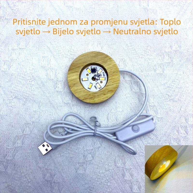 Okrugla drvena podloga s osvjetljenjem i bežičnim punjenjem; držač lampe s kristalnom kuglom, dekorativna podloga za čaše koktela