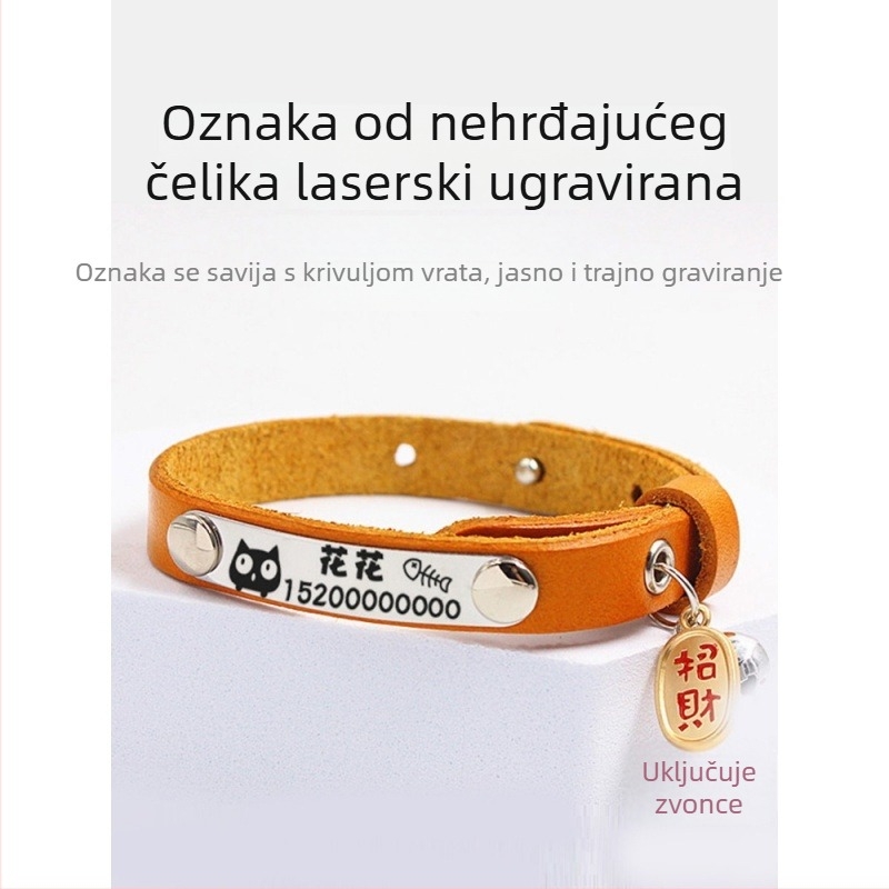 Ogrlica za mačke s zvončićem i graviranom kožnom identifikacijskom pločicom, za mačiće i male pse