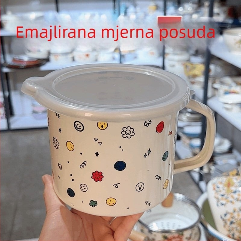 1,5 L emajlirani lonac za mlijeko s poklopcem, čaša za instantne rezance, spremnik za čuvanje, otporan na visoke temperature, neprijanjajuće, izdržljivo, emajlirana šalica za čaj
