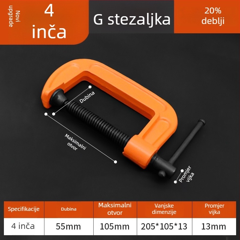 Snažan G-tip steznik, metalni steznik, stolarski steznik, podesiv tlak 0–150 mm