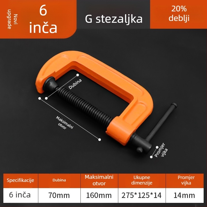 Snažan G-tip steznik, metalni steznik, stolarski steznik, podesiv tlak 0–150 mm