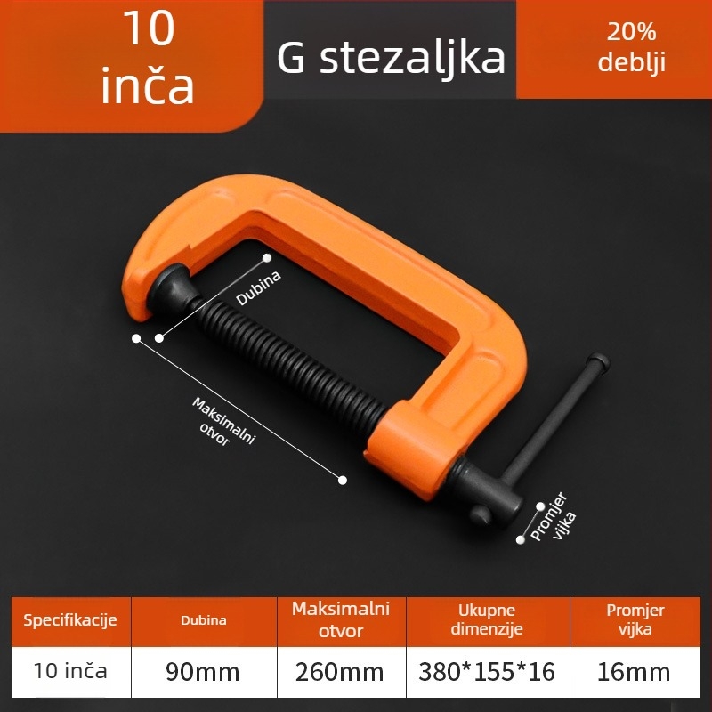 Snažan G-tip steznik, metalni steznik, stolarski steznik, podesiv tlak 0–150 mm
