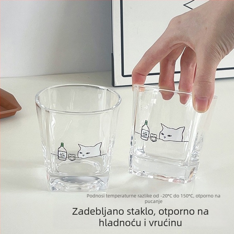 Staklena čaša u korejskom stilu s mačkom, prozirna i otporna na visoke temperature