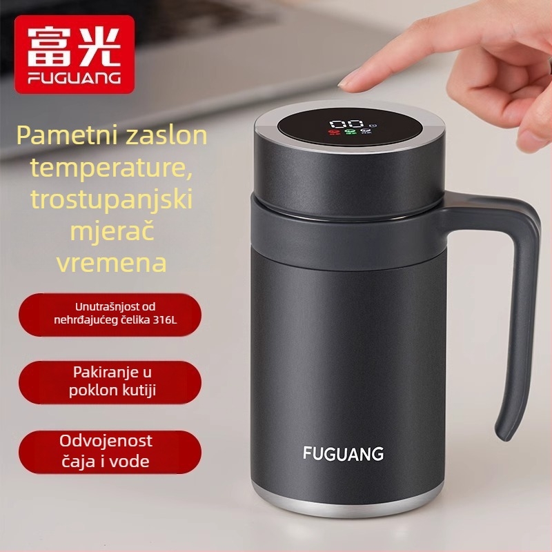 Fuguang termos od nehrđajućeg čelika s ručkom, velik kapacitet, čajni infuzor, unutarnji 316, vanjski 304, izolacija 6-12 sati, poslovni dar, tisk logotipa, pakiranje u šarenu kutiju