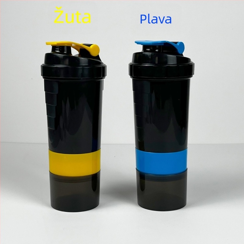 Trojkomorni shaker s pretincima za prašak i lijekove – pogodan za proteinski prah, fitness napitke i milkshake, plastična čaša za vodu