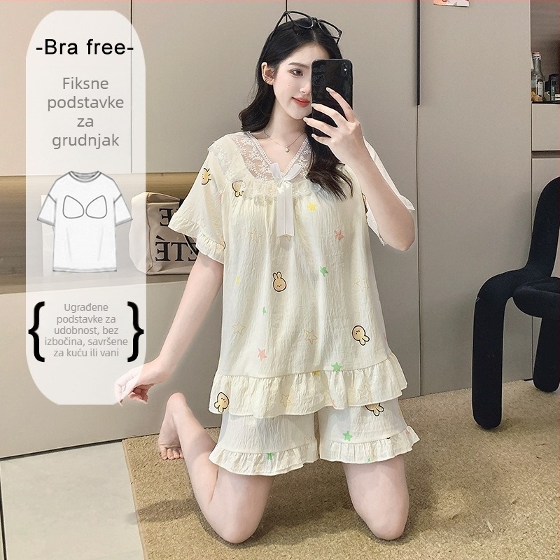 Ženski set pidžame od Cloud Cotton, ljetni kratki rukav, s čvrstim umetkom za prsni dio, čipkasti detalji, puff rukavi, kvadratni izrez, kratke hlače, kućna odjeća