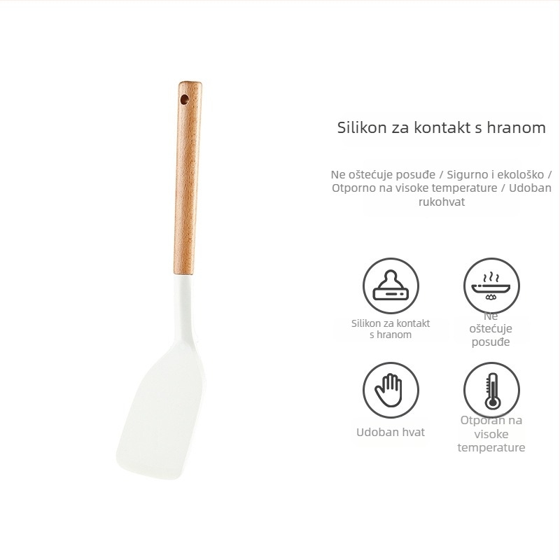 Set silikonskih kuhinjskih alata s drškom od bukovine: spatula, juha žlica, mrežasta žlica i tava špatula za non-stick posude