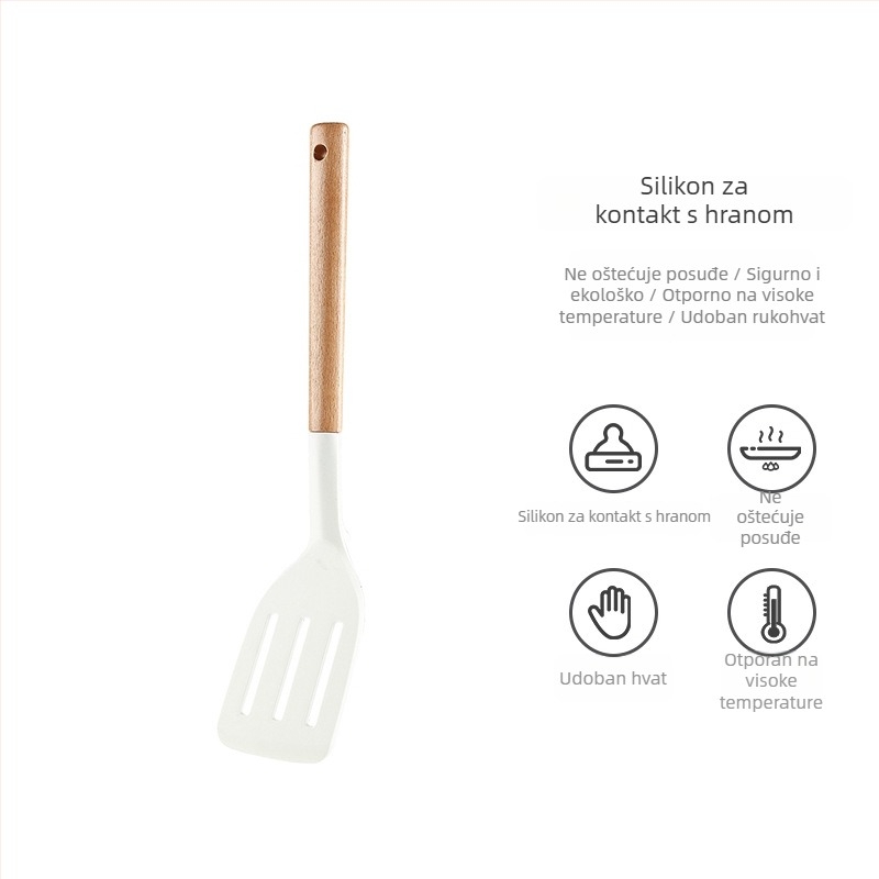 Set silikonskih kuhinjskih alata s drškom od bukovine: spatula, juha žlica, mrežasta žlica i tava špatula za non-stick posude