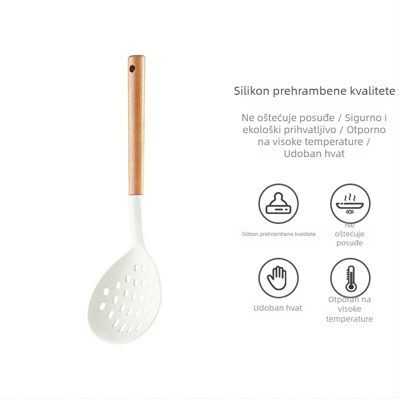 Set silikonskih kuhinjskih alata s drškom od bukovine: spatula, juha žlica, mrežasta žlica i tava špatula za non-stick posude