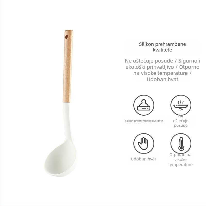 Set silikonskih kuhinjskih alata s drškom od bukovine: spatula, juha žlica, mrežasta žlica i tava špatula za non-stick posude
