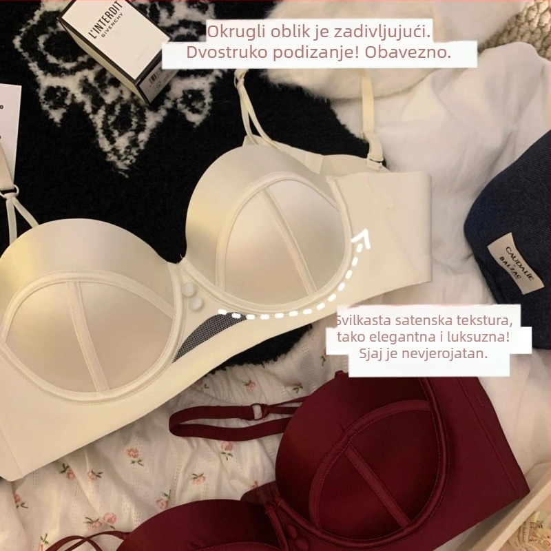 Seksi satenski grudnjak bez naramenica s polukošarima, bez žice, podizanje i protuklizni dizajn