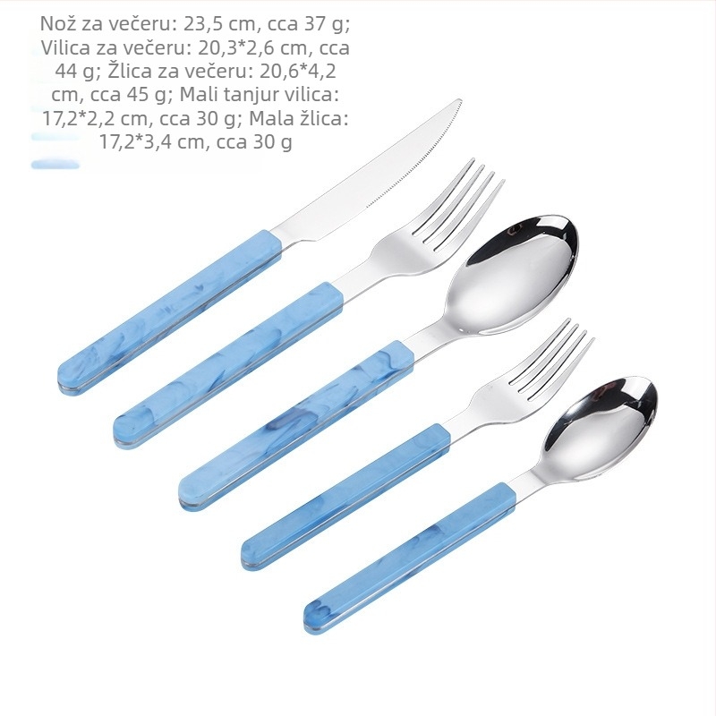 Set noževa, vilica i žlica od nehrđajućeg čelika zapadnog stila s rukohvatima, uključuje nož za steak, vilicu, žlicu i desertnu žlicu, u kutiji za poklon.