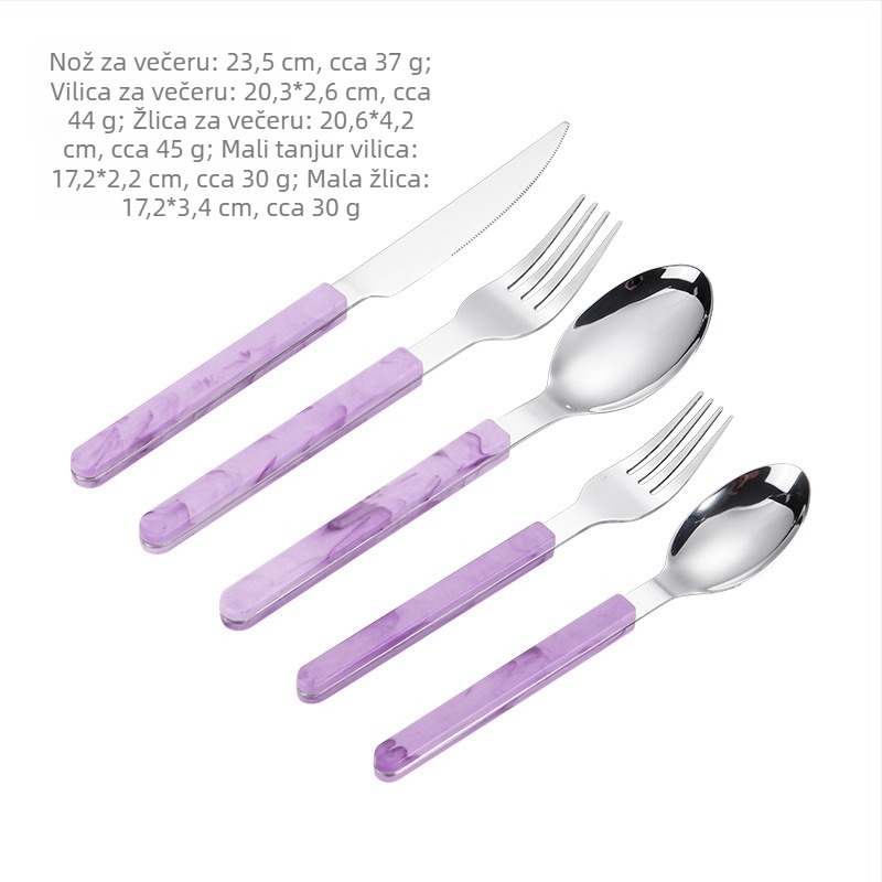 Set noževa, vilica i žlica od nehrđajućeg čelika zapadnog stila s rukohvatima, uključuje nož za steak, vilicu, žlicu i desertnu žlicu, u kutiji za poklon.