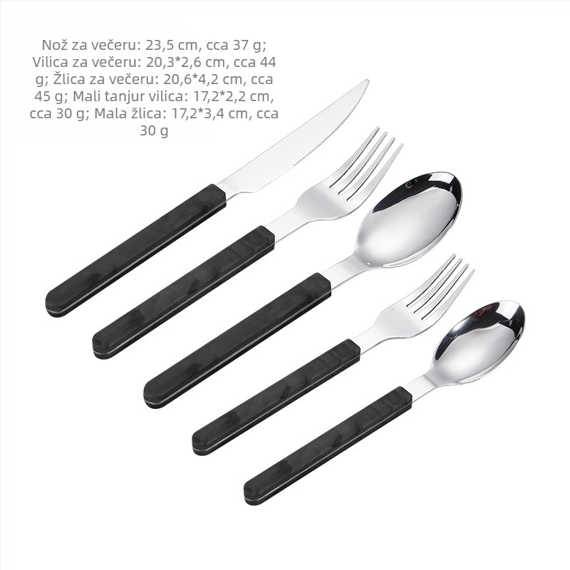 Set noževa, vilica i žlica od nehrđajućeg čelika zapadnog stila s rukohvatima, uključuje nož za steak, vilicu, žlicu i desertnu žlicu, u kutiji za poklon.