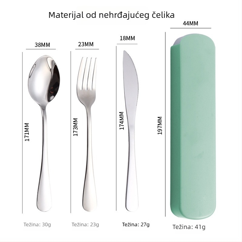 Set pribora od nehrđajućeg čelika 304, zapadnog stila: nož, vilica i žlica, trodijelni set s praktičnim skladištenjem, za studente, mogućnost tiskanja logotipa