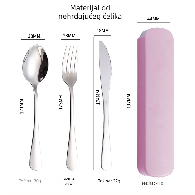Set pribora od nehrđajućeg čelika 304, zapadnog stila: nož, vilica i žlica, trodijelni set s praktičnim skladištenjem, za studente, mogućnost tiskanja logotipa