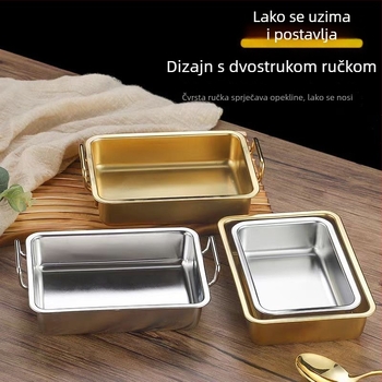 Korejski stil četvrtasta ploča od nehrđajućeg čelika s dvostrukim drškama, zlatni završetak; pogodna za prženu piletinu, pomfrit, hladna jela, deserte i grickalice.