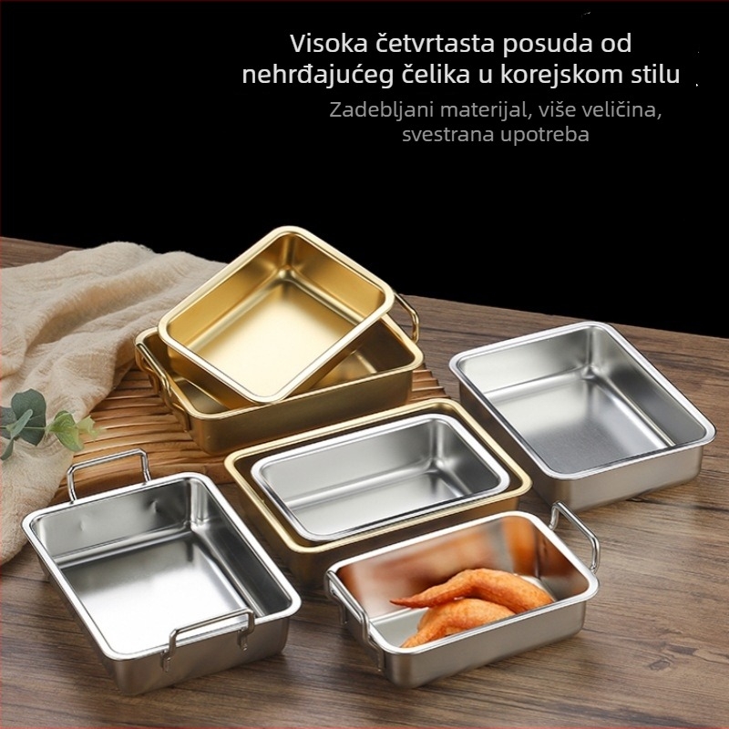 Korejski stil četvrtasta ploča od nehrđajućeg čelika s dvostrukim drškama, zlatni završetak; pogodna za prženu piletinu, pomfrit, hladna jela, deserte i grickalice.