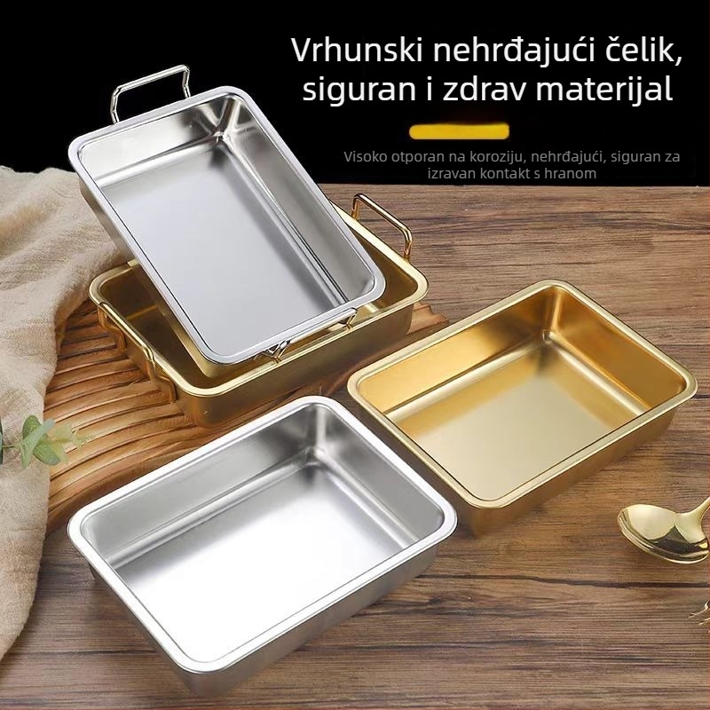 Korejski stil četvrtasta ploča od nehrđajućeg čelika s dvostrukim drškama, zlatni završetak; pogodna za prženu piletinu, pomfrit, hladna jela, deserte i grickalice.